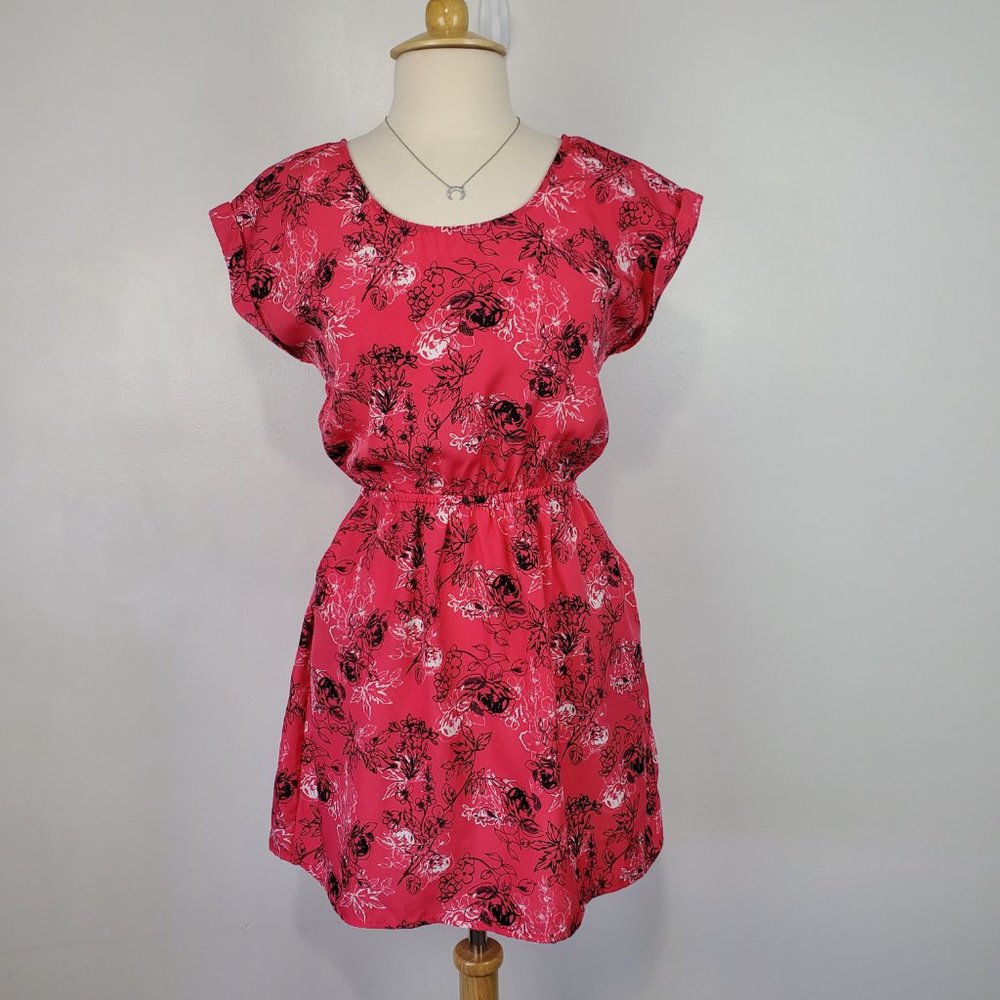 Candie's Pink Black White Floral Cap Sleeve Cutout Summer Dress Sz M (Juniors)